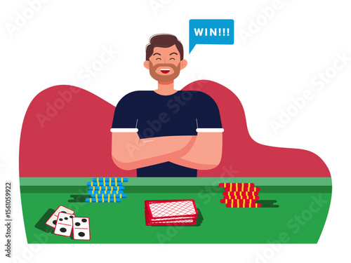 Man with a happy face for winning a casino gamble.  Las Vegas illustration. Vector flat illustration.