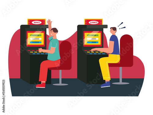 Men playing bet machine games, spending money on gambling. Las Vegas illustration. Vector flat illustration.	
