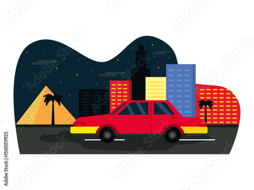Night city view with buildings and palm trees on the side of the road. Las Vegas illustration. Vector flat illustration.