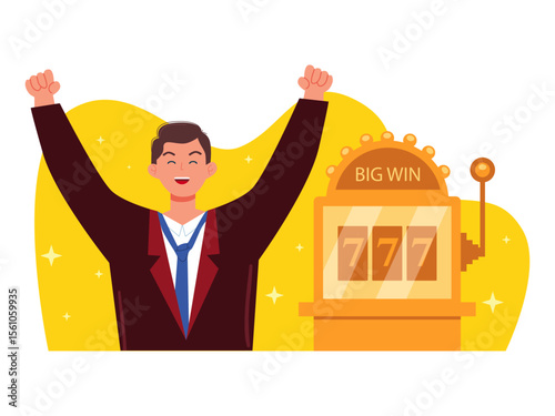 Man winning gambling machine jackpot. Las Vegas illustration. Vector flat illustration.