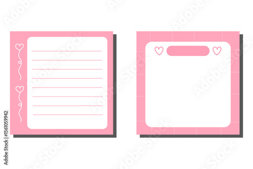 Two cute pink sticky notes with heart decoration and blank for the user's note-taking needs. The notes have a very soft shadow beneath them