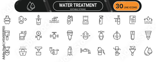 Water treatment line icon set. Containing purification, filter, recycle, tank, drop, pressure, flow, lab and more. Editable stroke. Vector illustration.