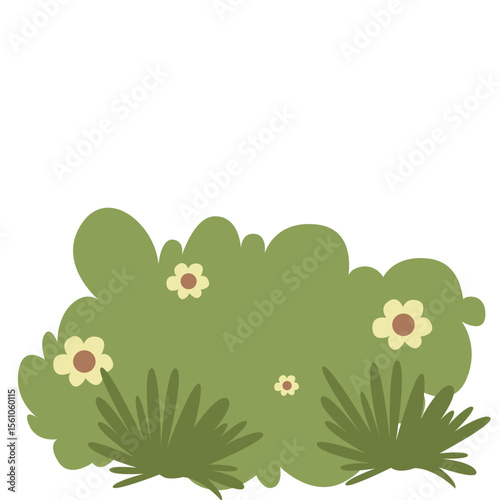 2D illustration of green bush with blooming flowers and soft edges, ideal for spring visuals, kids design, or natural backgrounds.