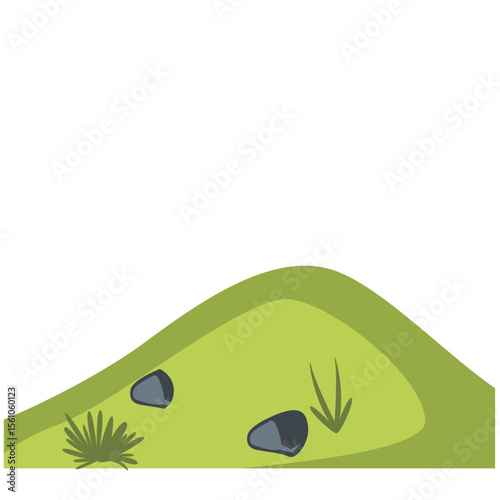 2D illustration of a small green hill with scattered rocks and grass, perfect for background scenery, games, or nature compositions.