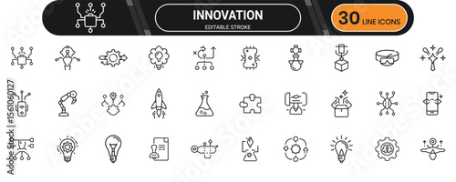  Innovation line icon set. Containing idea, bulb, concept, tech, research, future, growth, startup, brain and more. Editable stroke. Vector illustration.