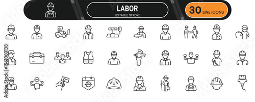 Labor line icon set. Containing worker, tools, gear, job, factory, construction, team, safety and more. Editable stroke. Vector illustration.
