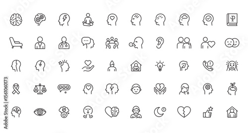 Mental Health and Psychology Line Icons Set ? Therapy, Mindfulness, Emotional Wellness, Support Concepts