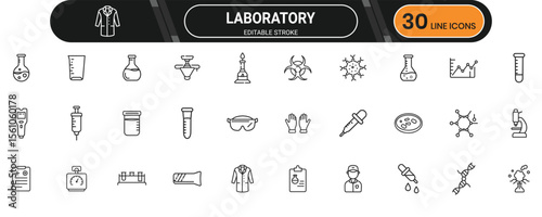 Laboratory line icon set. Containing test, flask, microscope, science, research, analysis, lab tools and more. Editable stroke. Vector illustration.