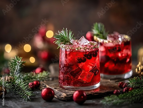 Two festive cranberry cocktails garnished with fresh cranberries and rosemary, served in elegant glasses on a rustic wooden surface with a blurred holiday background.
