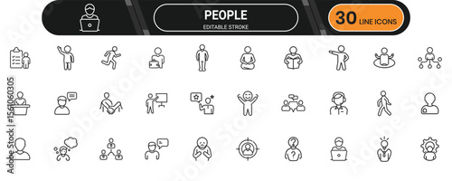 People line icon set. Containing profile, avatar, community, friend, user, face, interaction, group, head and more. Editable stroke. Vector illustration.