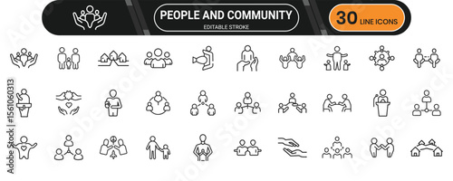 People and community line icon set. Containing group, teamwork, volunteer, friend, talk, care, unity, social and more. Editable stroke. Vector illustration.
