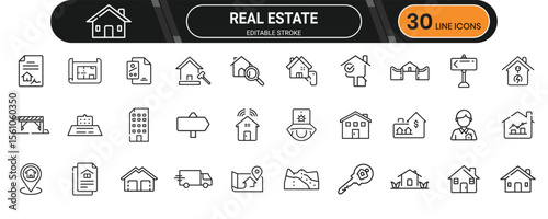Real estate line icon set. Containing house, apartment, building, sale, key, location, broker, rent and more. Editable stroke. Vector illustration.