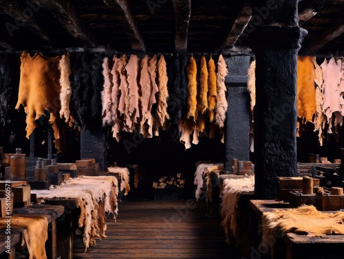 Leather processing in a dark, historic workshop.  Hanging hides, wooden tables