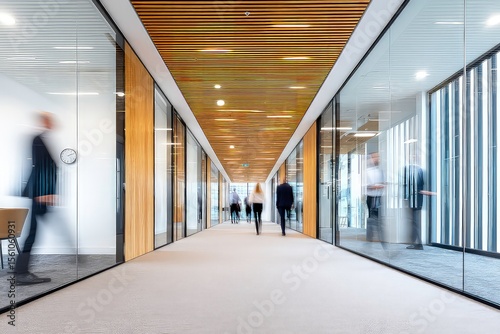 Modern office hallway with wooden slat walls, glass partitions, recessed ceiling lights, and motion blur of people walking through a contemporary workspace