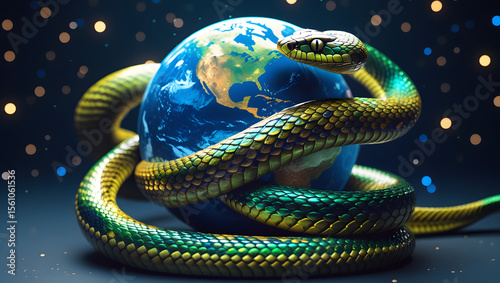 Artwork of Snake Wrapped Around Globe for World Snake Day
