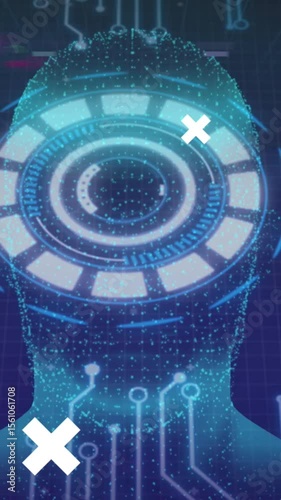 Animation of human head and scientific data processing over blue background