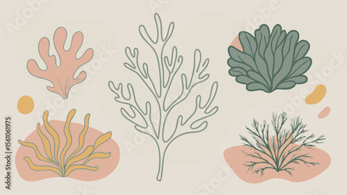 Abstract organic shapes and stylized botanical elements in muted earthy tones