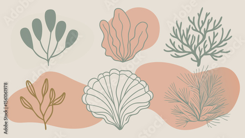 Abstract illustration of sea life and organic shapes in muted earthy tones