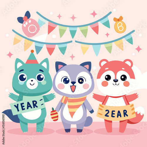 Three cute cartoon animals celebrating a special occasion with festive decorations