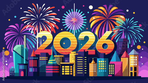Vibrant new year 2026 cityscape celebration with colorful fireworks illuminating the night sky