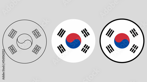 South Korea flag circle icons in three styles: outline, solid color, and bold border. Official standard colors. Perfect for education, UI design, badges, and international infographics.