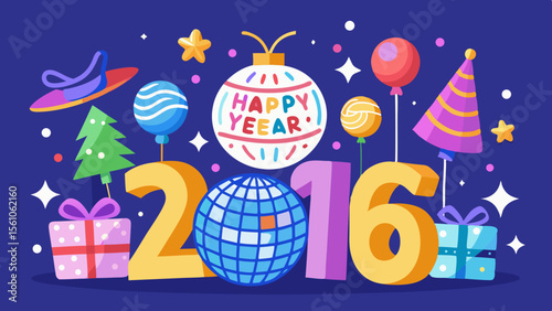 Happy new year 2016 celebration with festive decorations and colorful elements