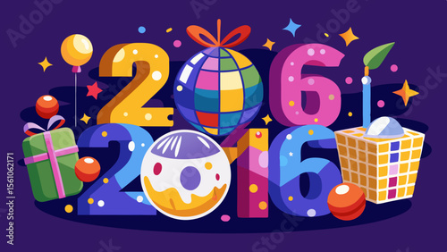 Celebrate 2016 Festive Party Poppers, Gifts, and Disco Ball Illustration
