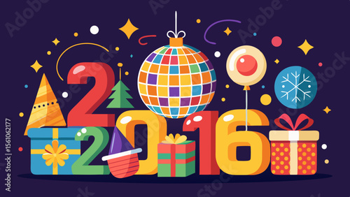 Happy new year 2016 celebration with disco ball and gifts