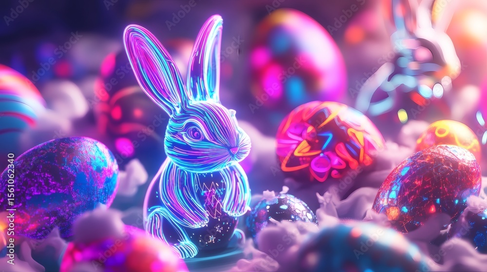 Fototapeta premium A vibrant neon easter bunny surrounded by decorated colorful eggs