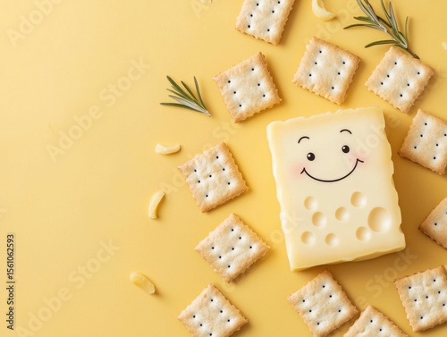 of a happy cheese character with a smiling face surrounded by pastel colored crackers or biscuits set against a vibrant yellow background