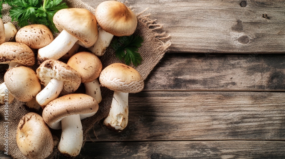 Freshly harvested mushrooms arranged on a rustic wooden surface elegantly Freshly harvested mushrooms arranged on a rustic wooden surface elegantly