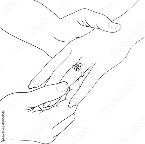 Line Art of Romantic Engagement Ring Moment – Couple Holding Hands