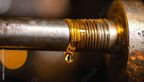 Golden lubricant drips from a threaded metal bolt, showcasing industrial lubrication and machinery maintenance