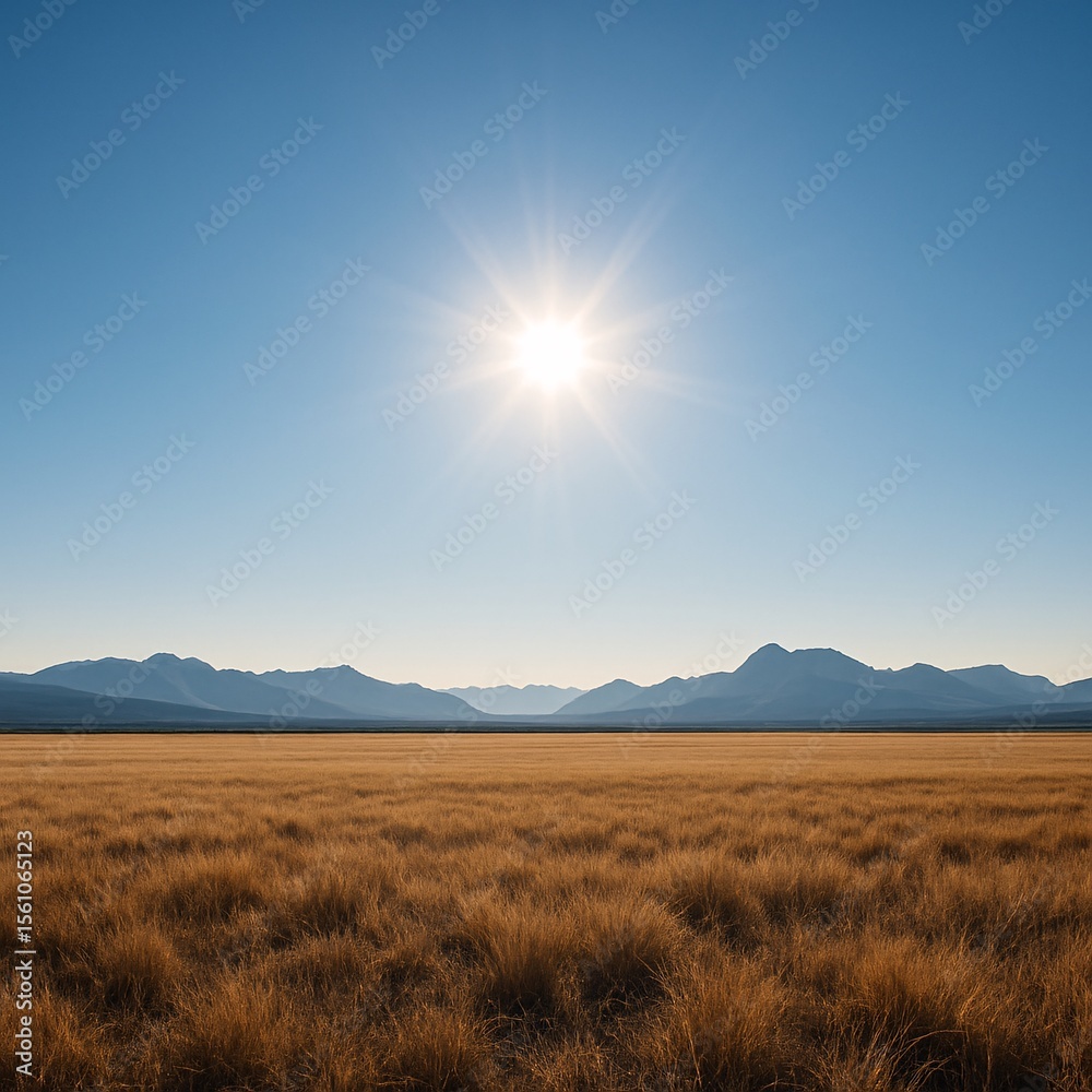 Obraz premium Wide open golden grass field under a clear blue sky with the bright sun shining above distant mountain range, representing natural beauty, wilderness, and peaceful rural landscapes