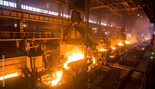 Molten steel processing at a metallurgical plant shows the intense heat and power involved in heavy industry and manufacturing.