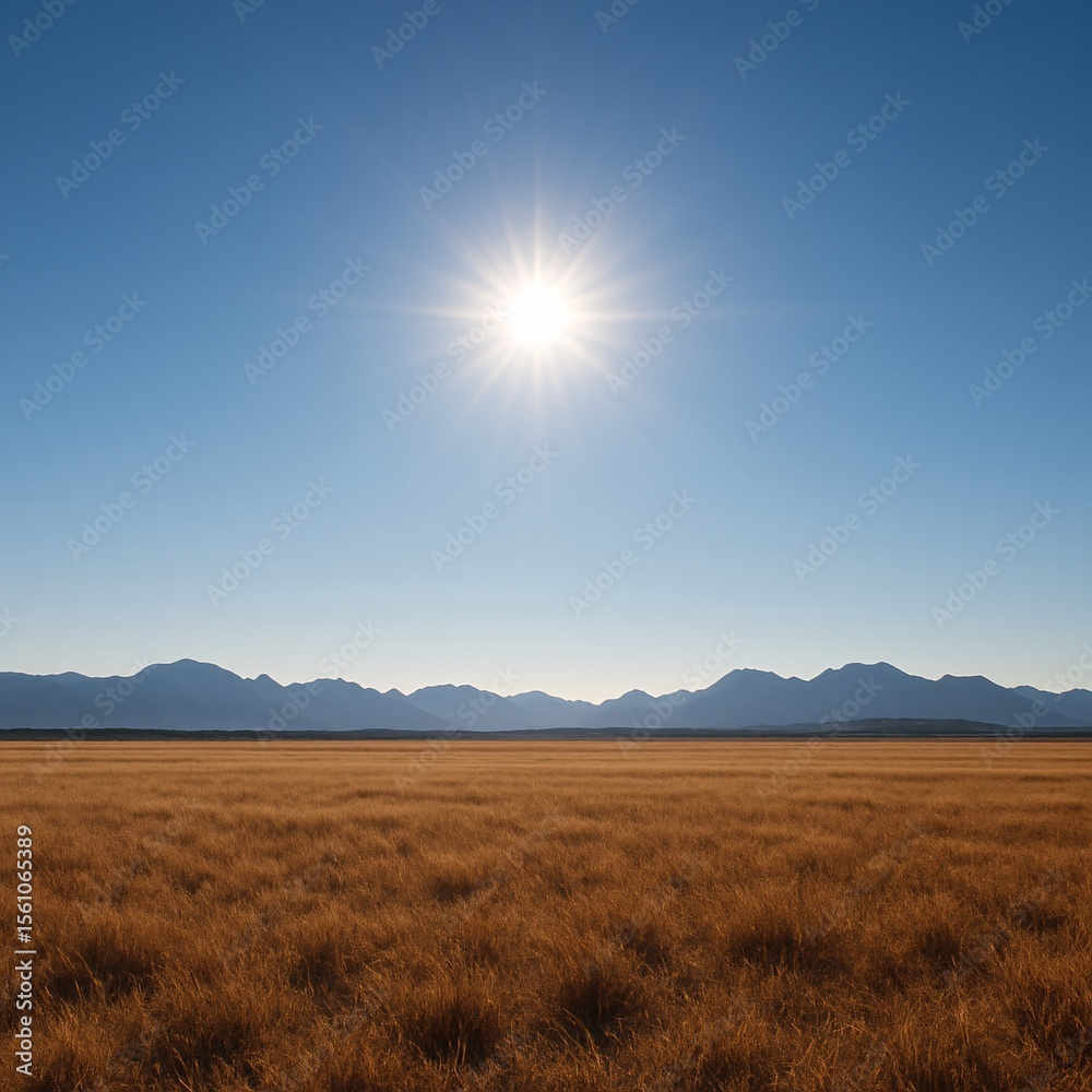 Obraz premium Wide open golden grass field under a clear blue sky with the bright sun shining above distant mountain range, representing natural beauty, wilderness, and peaceful rural landscapes