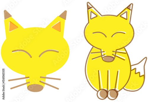 版画風の黄色いきつねの顔と全身