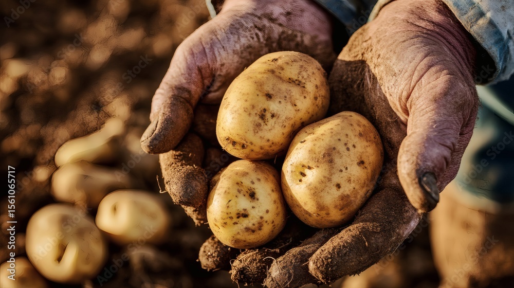 Farmer holds freshly harvested potatoes in his dirty hands Farmer holds freshly harvested potatoes in his dirty hands