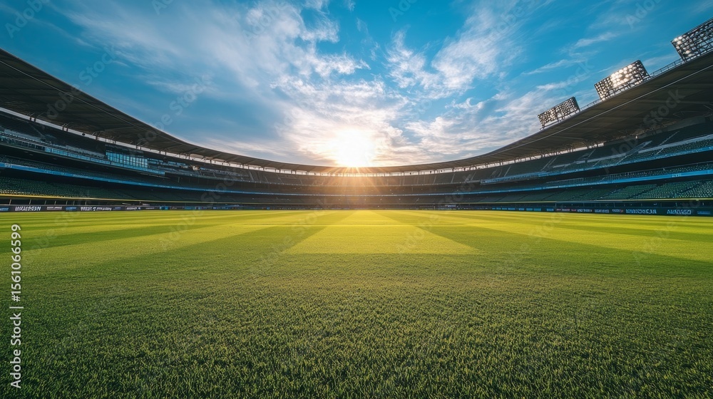 Fototapeta premium panoramic view of an empty cricket stadium with the pitch - ai