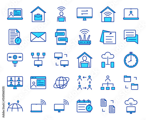 Remote Work and Online Communication Icon Set Virtual Office Business Meeting Collaboration Connectivity Digital Life
