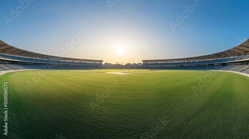 panoramic view of an empty cricket stadium with the pitch - ai
