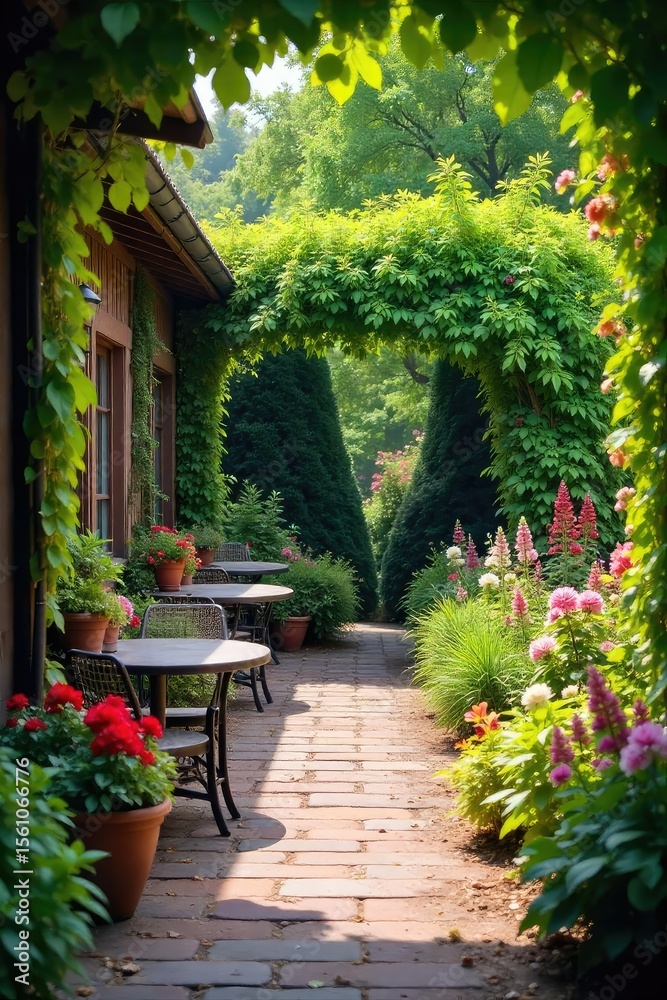 Fototapeta premium A vibrant and lush patio garden overflowing with colorful flowers and thriving greenery, creating a tranquil outdoor oasis Perfect for relaxation and entertaining , patio furniture, potted plants