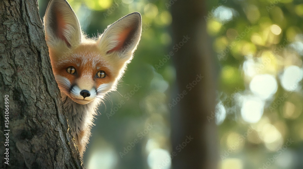 Fototapeta premium A curious fox peeks from behind a textured tree trunk