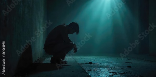 A solitary figure hunches, head bowed low, enveloped in a shadowy, dimly lit room The heavy atmosphere conveys a sense of profound isolation and unspoken sorrow , introspective, secrecy, regret