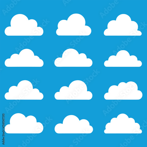 Collection of Cartoon Clouds Against a Bright Blue Sky, Ideal for Weather Forecasting and Creative Design Projects that Need Simple Cloud Icons