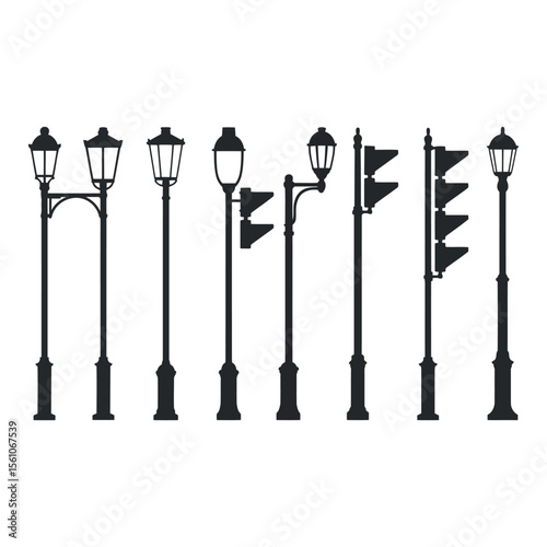 Collection of silhouetted street lights and traffic signals