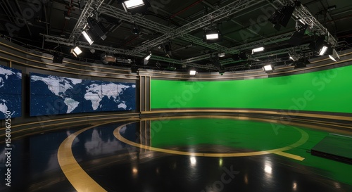 A wide-angle cinematic shot of a high-tech broadcast news studio. The studio features a large green screen wall on the right side and multiple digital world map screens on the left. Polished reflectiv