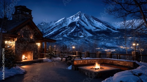 Mountain chalet patio at night, snow-covered