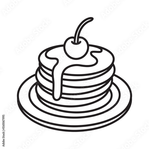 Simple Pancake Stack with Cherry and Syrup Outline for Coloring Books and Educational Resources About Breakfast Food