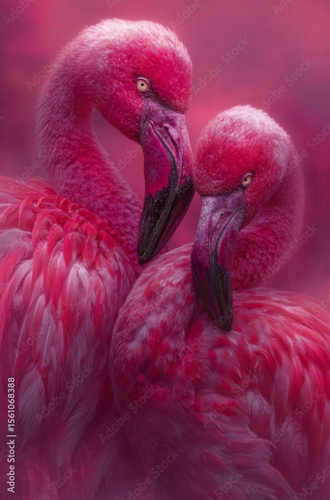 Fototapeta premium Flamingo's Tender Embrace: A close-up shot that captures the beauty of two pink flamingos, their heads touching as they connect through love and bonding.